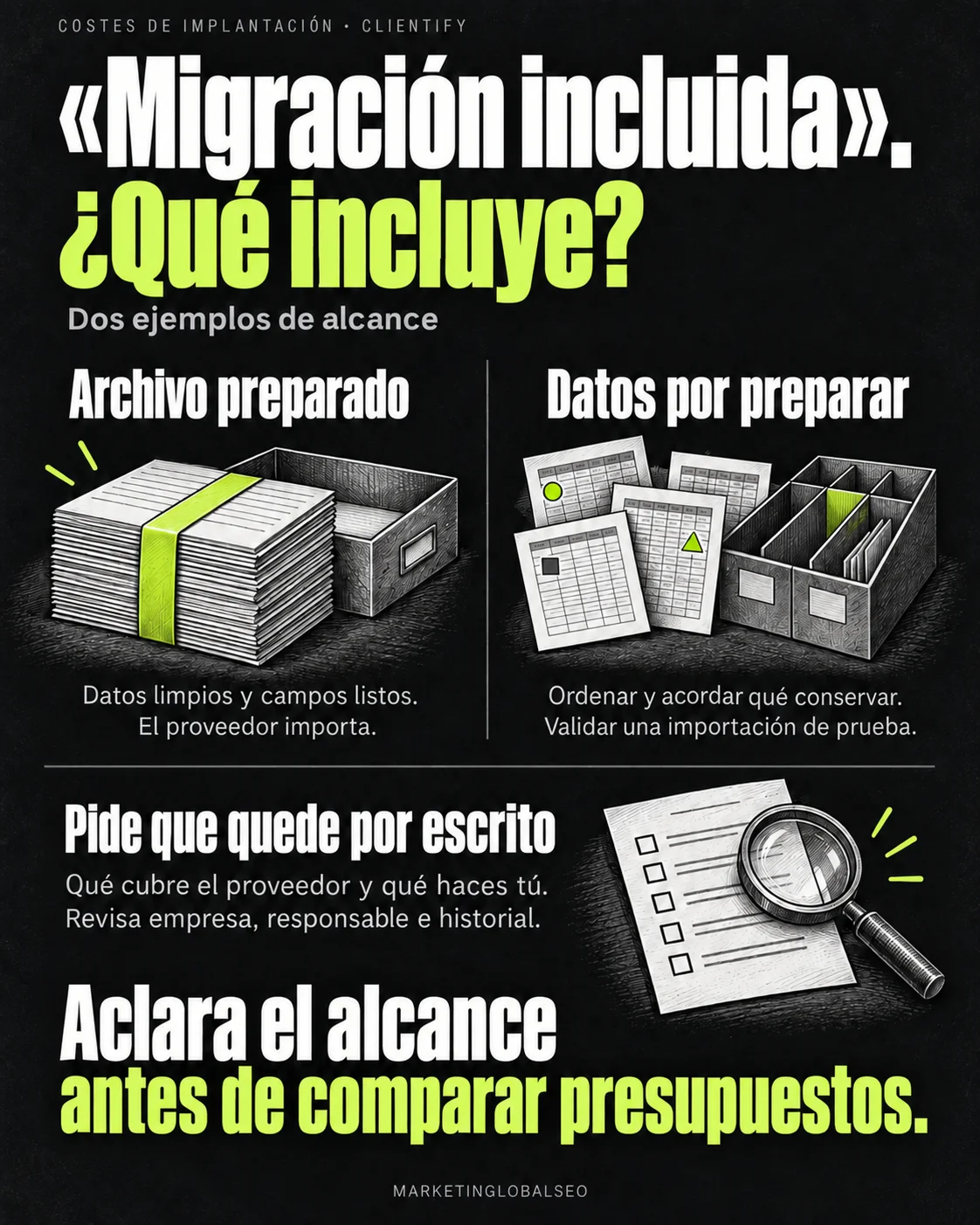 Comparación entre importar un archivo preparado y ordenar datos antes de migrarlos; delimitar tareas y validar una importación de prueba.